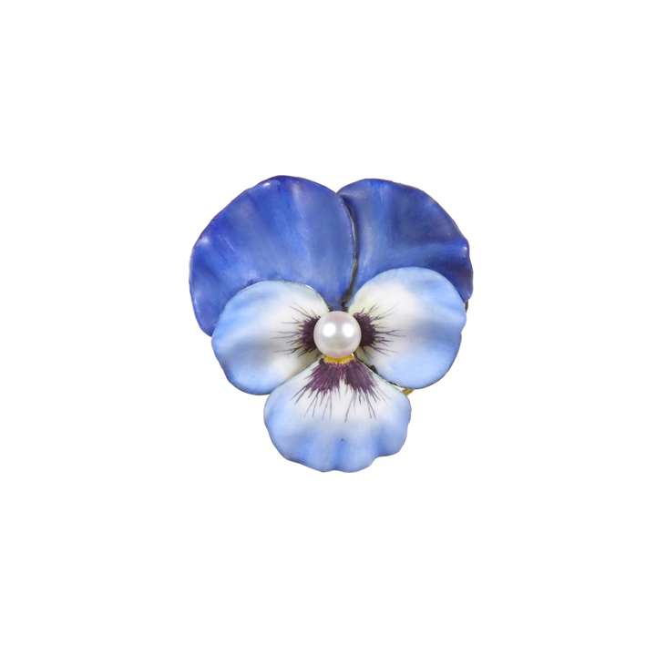 Antique blue enamel and pearl pansy brooch